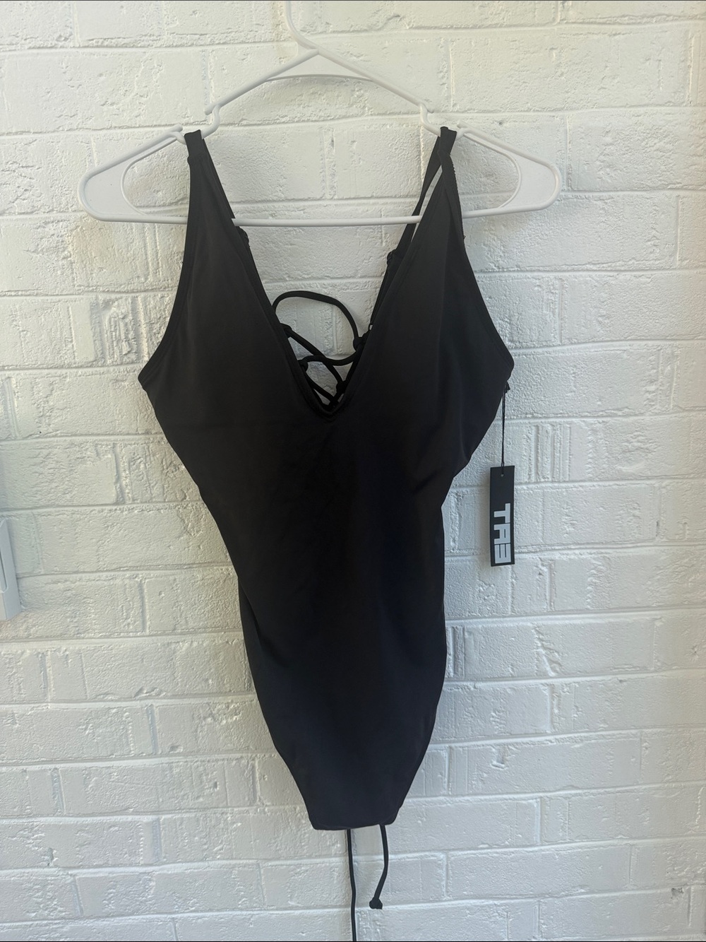 TA3 Black Lace-Up V-Neck One-Piece Swimsuit thong back